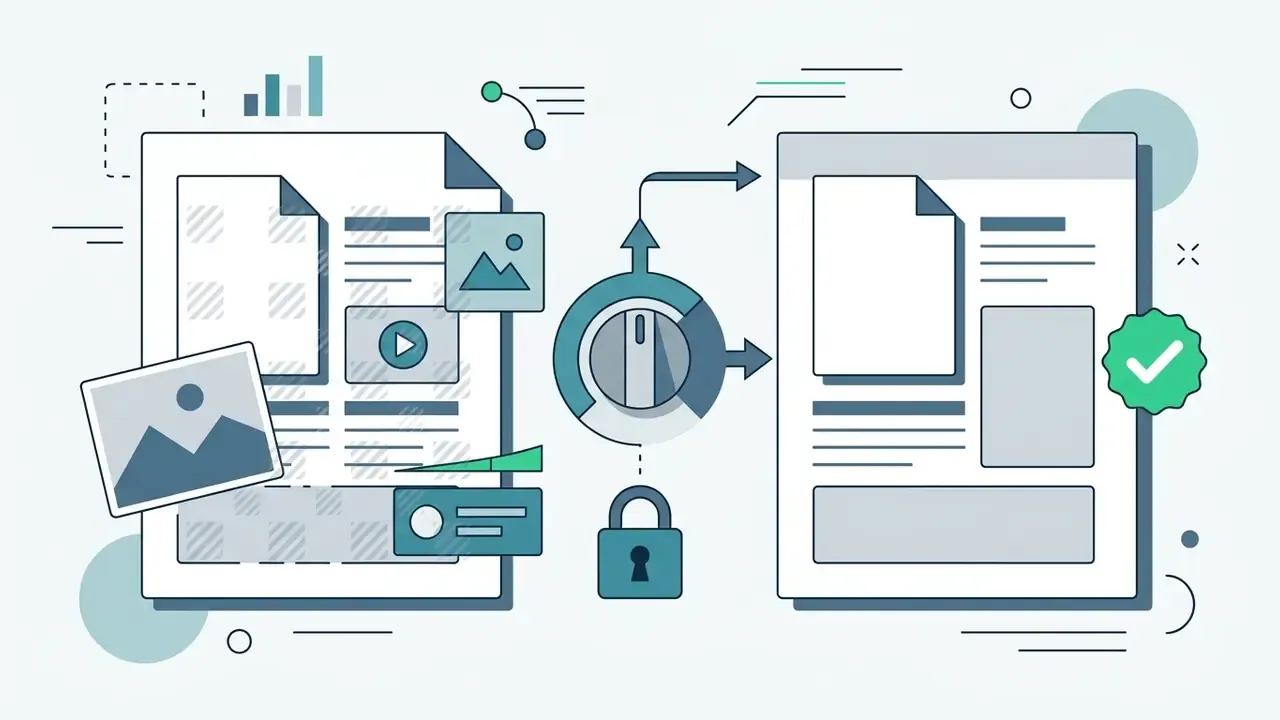 Document with media assets being processed through a central dial to create a locked and verified slide