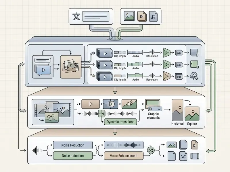 Technical schematic showing stages of media input, clip generation, automated assembly, and audio finishing