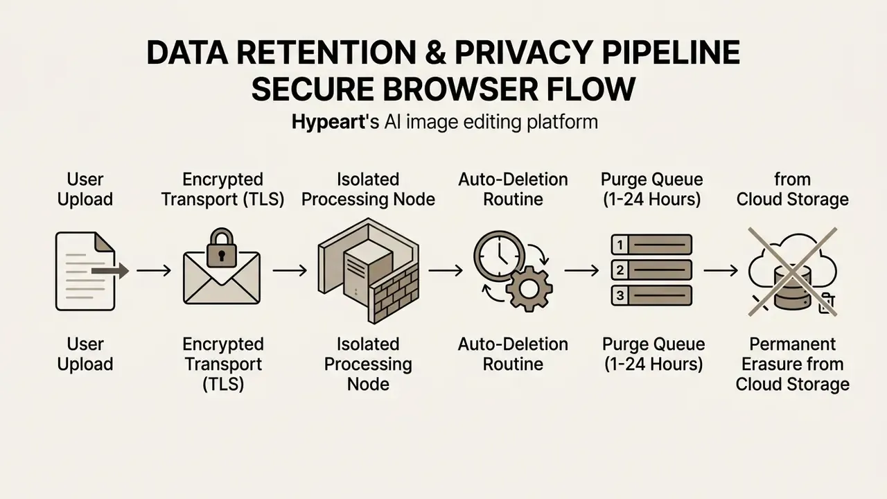 Sequential workflow showing data moving from user upload through encrypted transport to permanent deletion