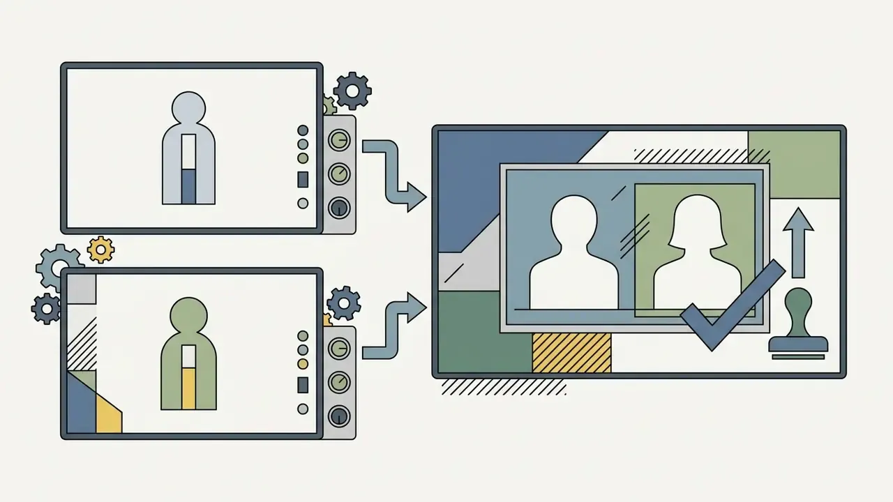 Two portrait inputs feeding into a central processing hub to output a combined and approved avatar pair