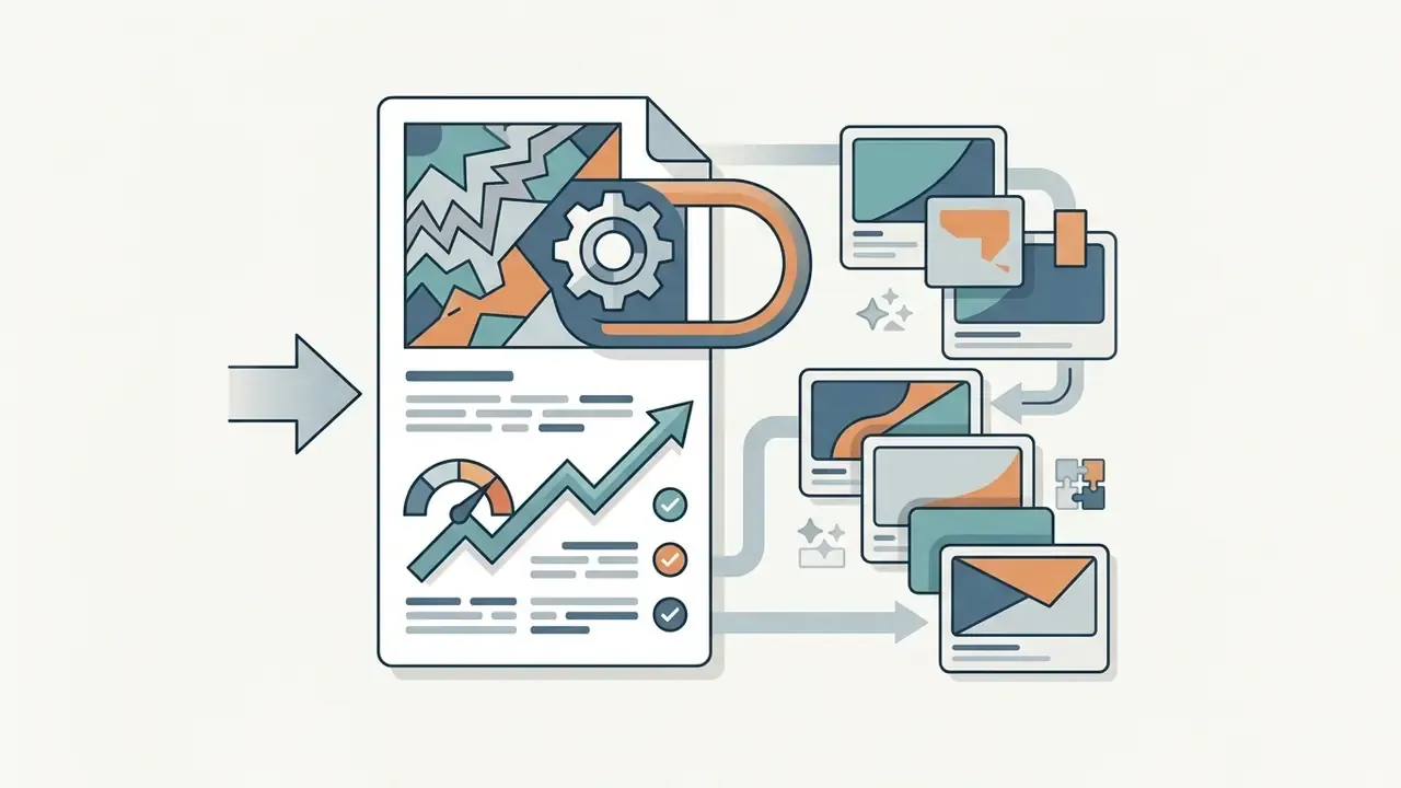 Document with a gear and growth chart branching into multiple digital frames and content blocks