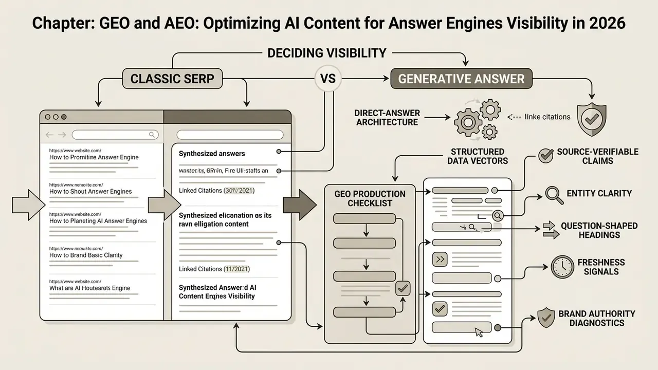 Infographic comparing classic SERP and generative answer visibility with a GEO production checklist