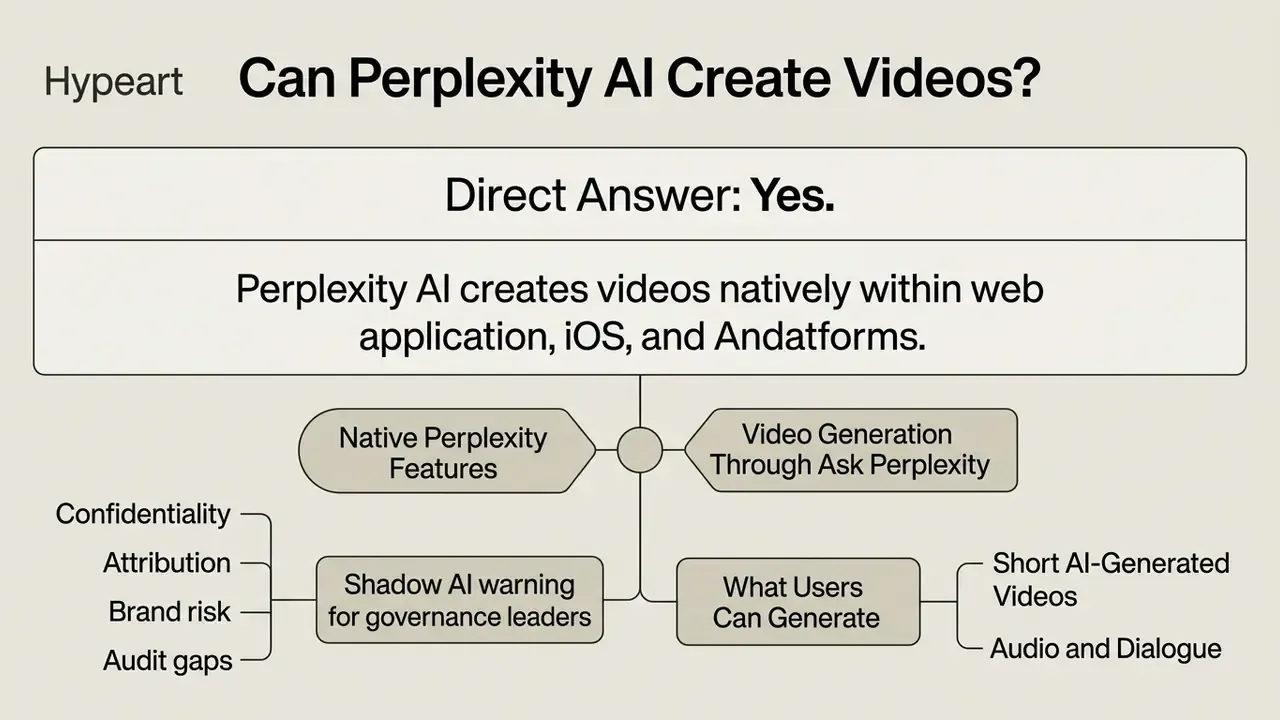 Infographic summarizing Perplexity AI video generation capabilities, risks, and user output options