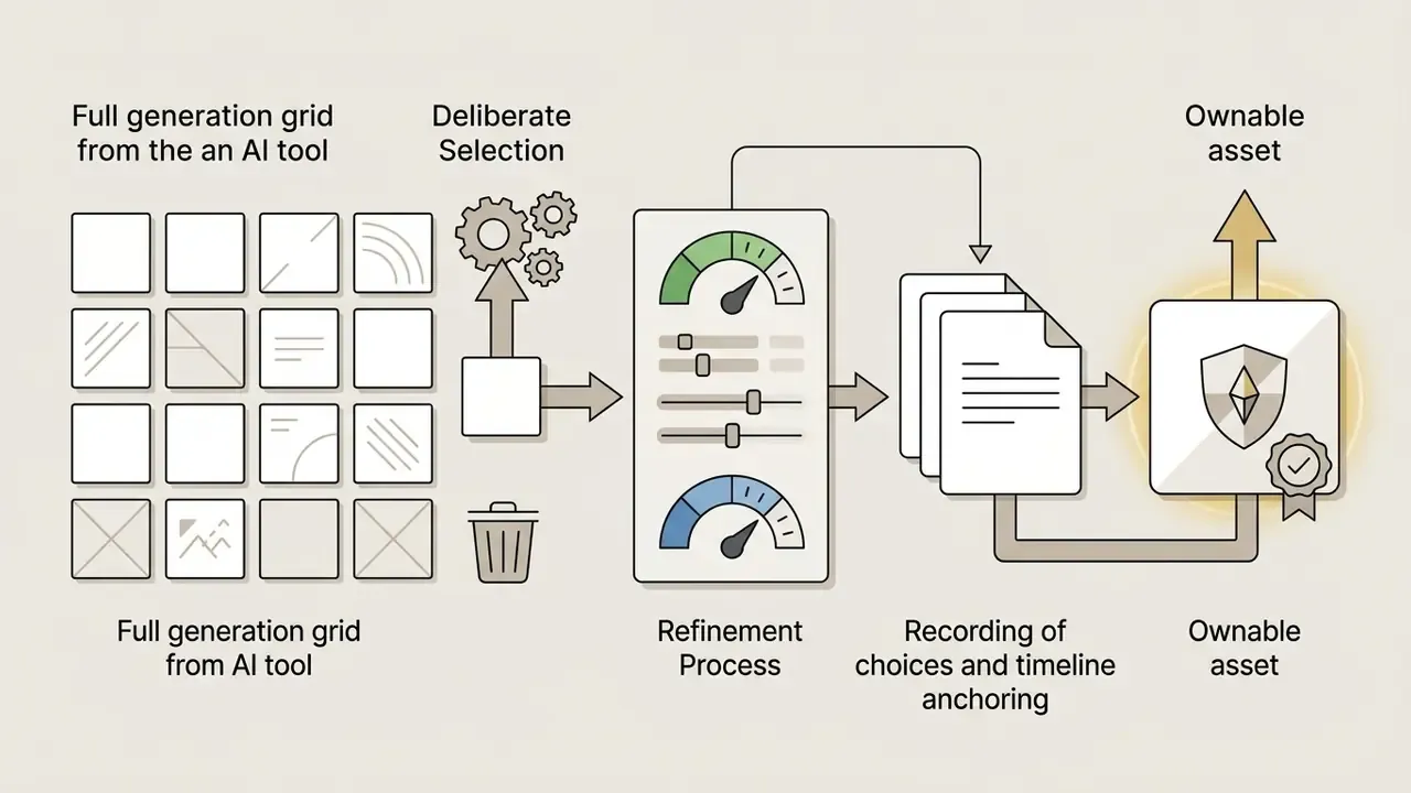 Process showing AI generation grid selection, refinement via gauges, and documenting for asset ownership
