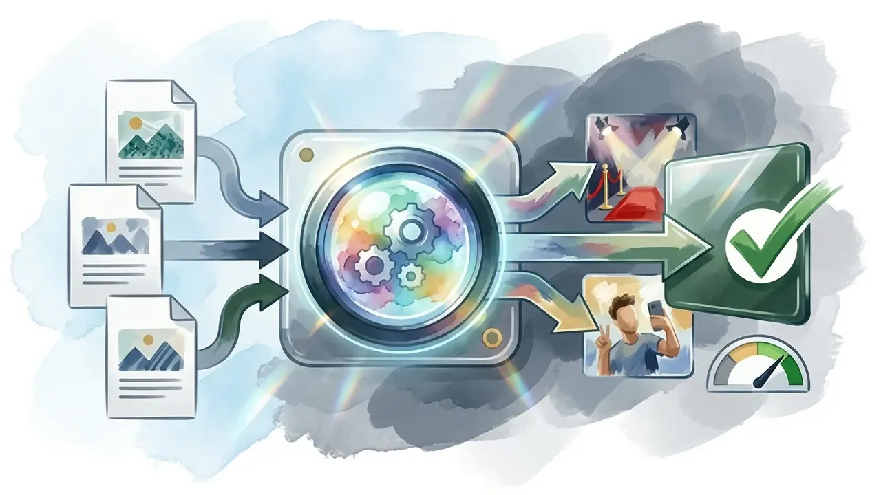 Digital files feeding into a processing lens that outputs stylized scenes and a verified checkmark