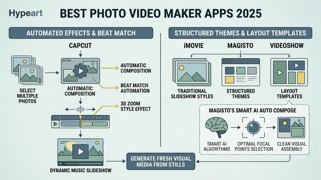 Diagram comparing automated effects in CapCut with structured themes in iMovie, Magisto, and VideoShow