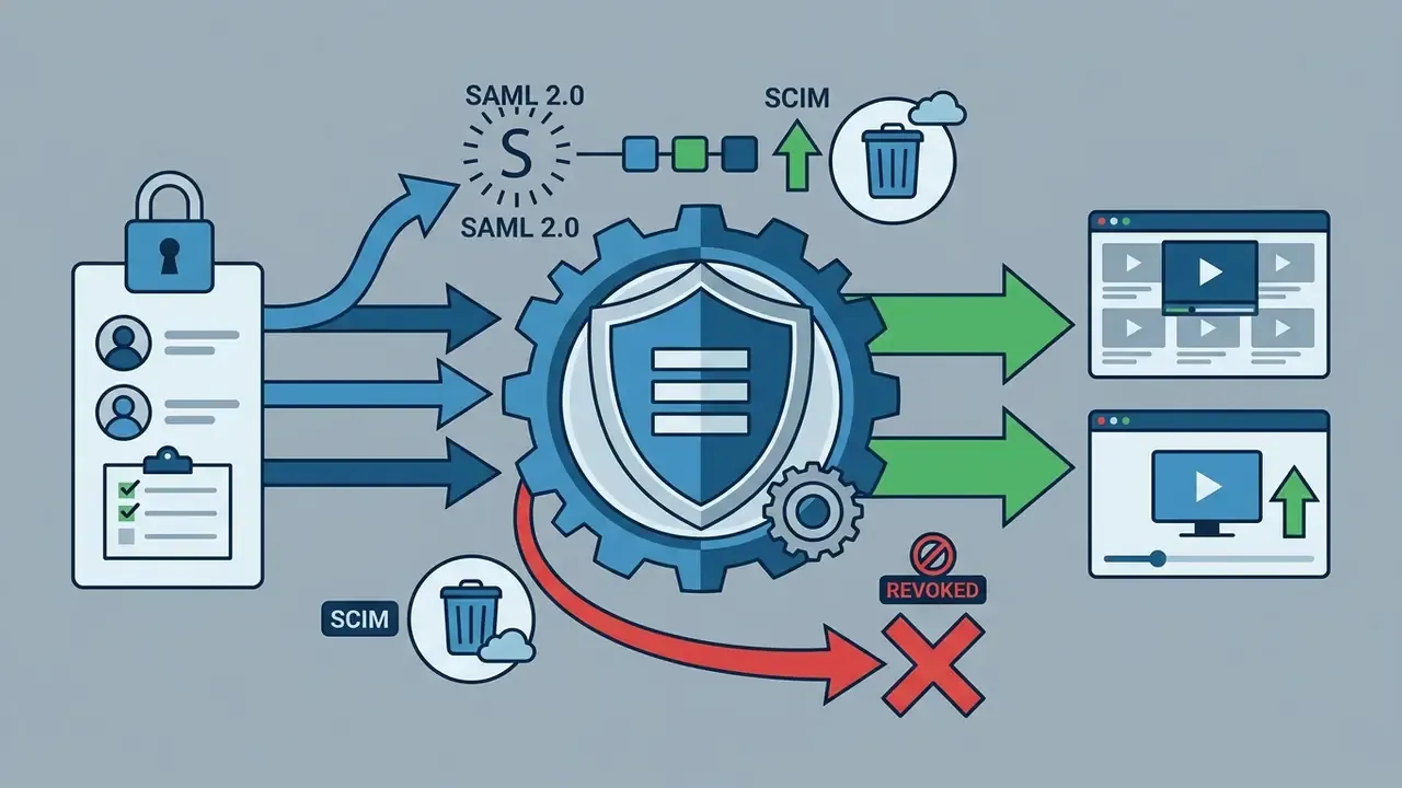 User identity icons connecting to a central security gear that manages access and revocation for video players