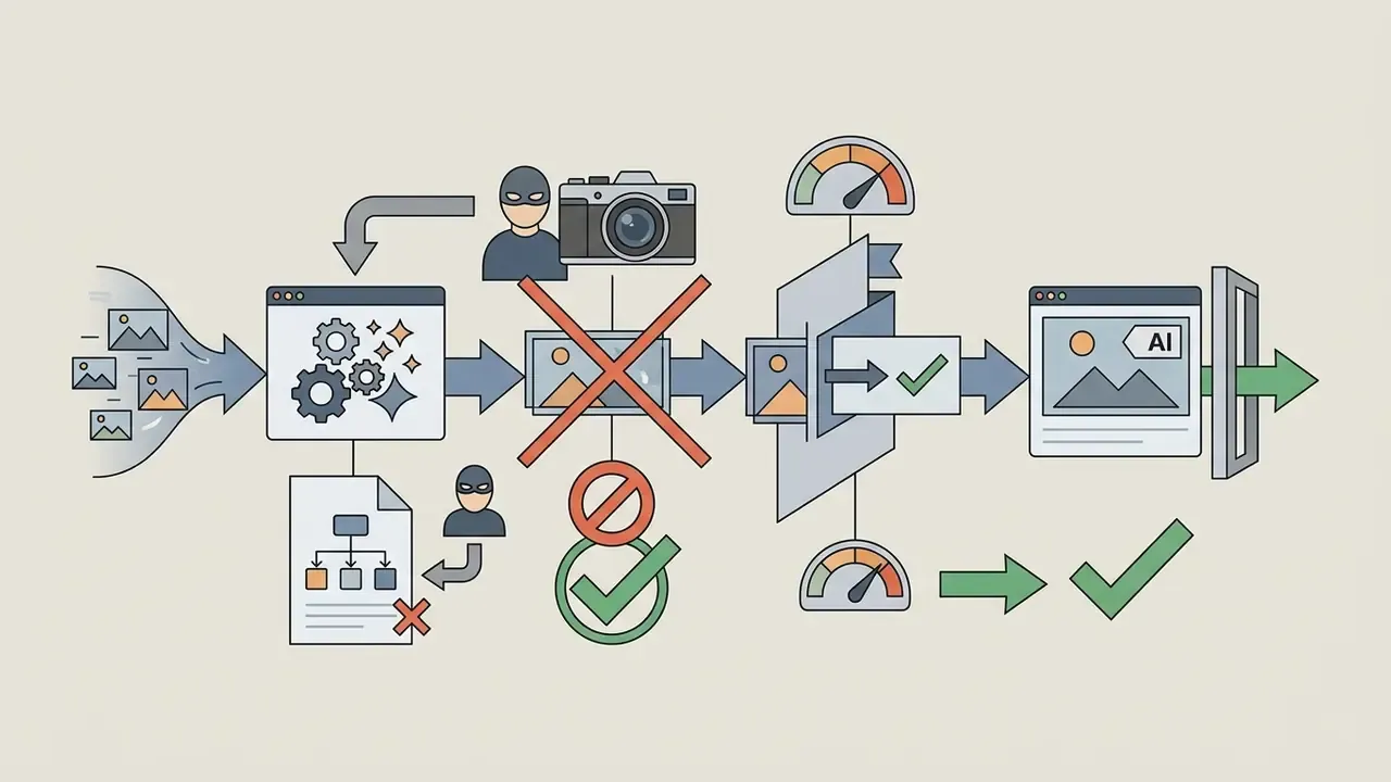 Media files entering a processing hub where synthetic content is flagged and labeled for transparency