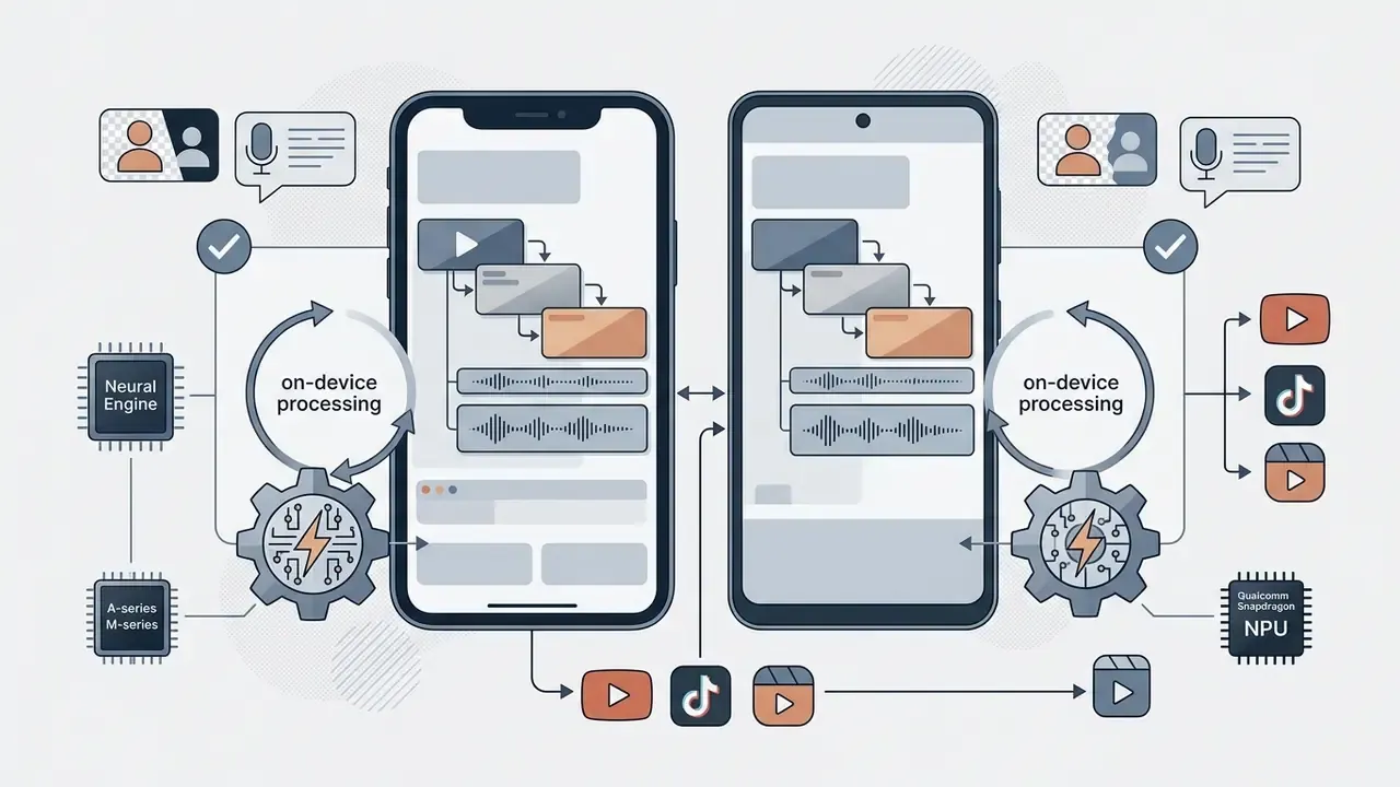 Two smartphones using onboard neural processors for real-time media editing and local data transcription