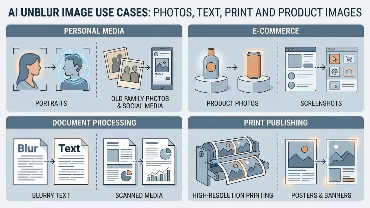 Grid layout showing restoration examples for personal media, e-commerce, documents, and print publishing