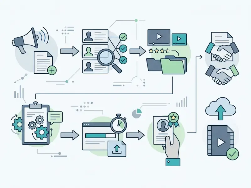 Step-by-step recruitment process diagram illustrating the journey from job posting to final video delivery