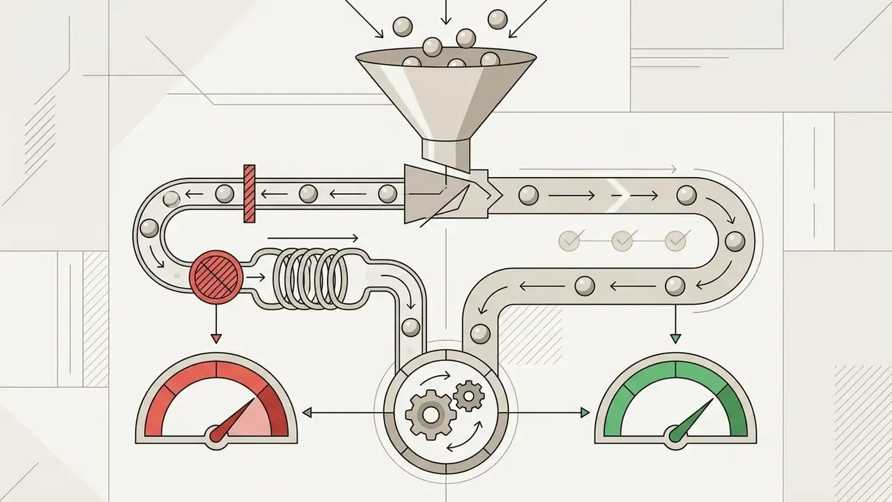 Funnel directing spheres through a pipeline into two separate gauges representing different processing speeds