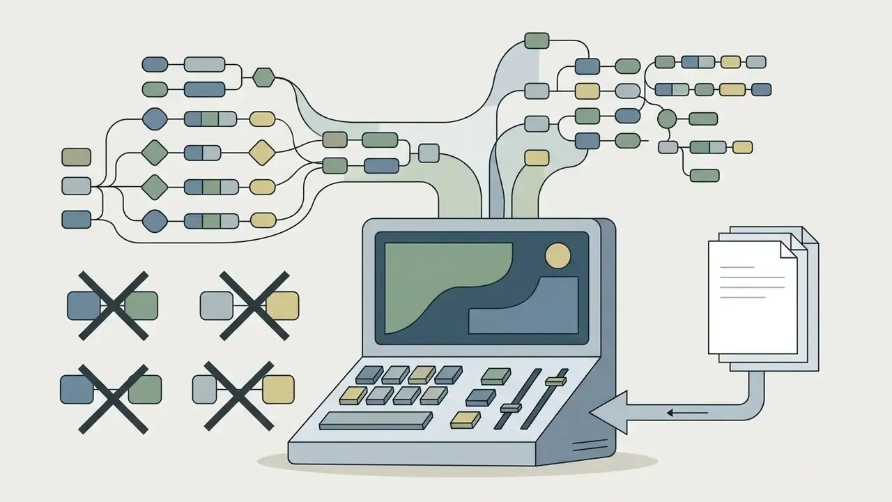 Complex node network connecting to a console with sliders that outputs text documents
