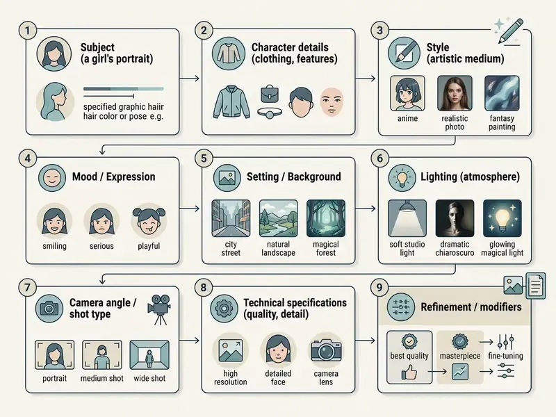 Step-by-step flowchart illustrating the nine essential components for creating detailed generative prompts
