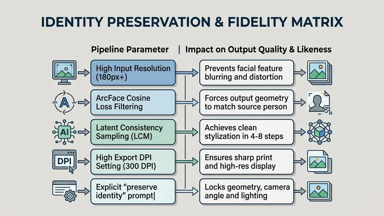 Matrix diagram mapping technical pipeline parameters to their specific impact on output quality and likeness