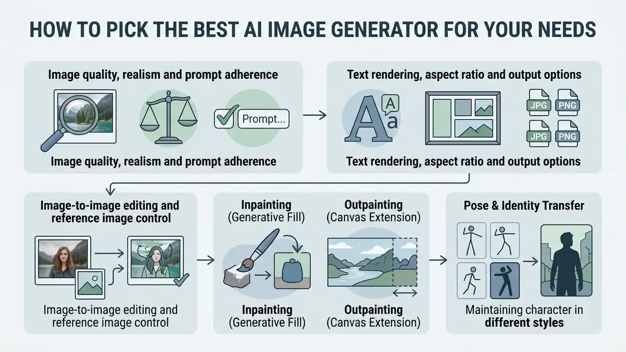Infographic showing key features to evaluate when choosing an AI image generator