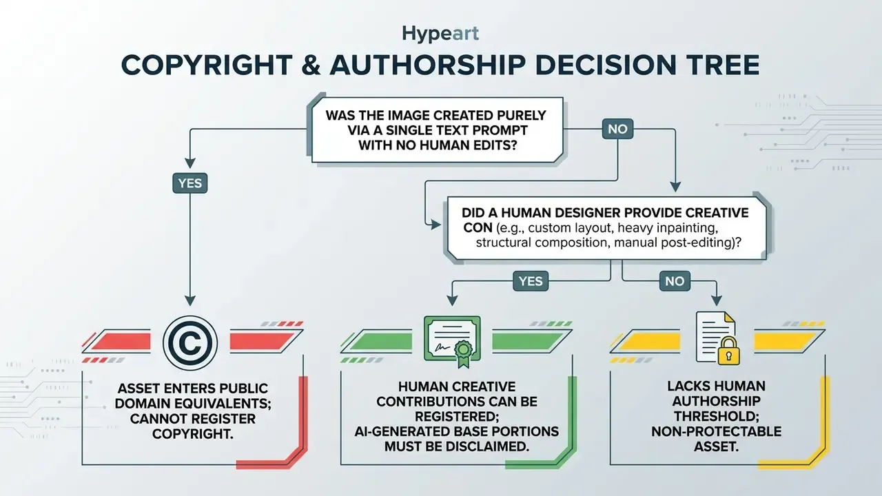 Flowchart illustrating the legal criteria for determining copyright eligibility of AI-generated assets