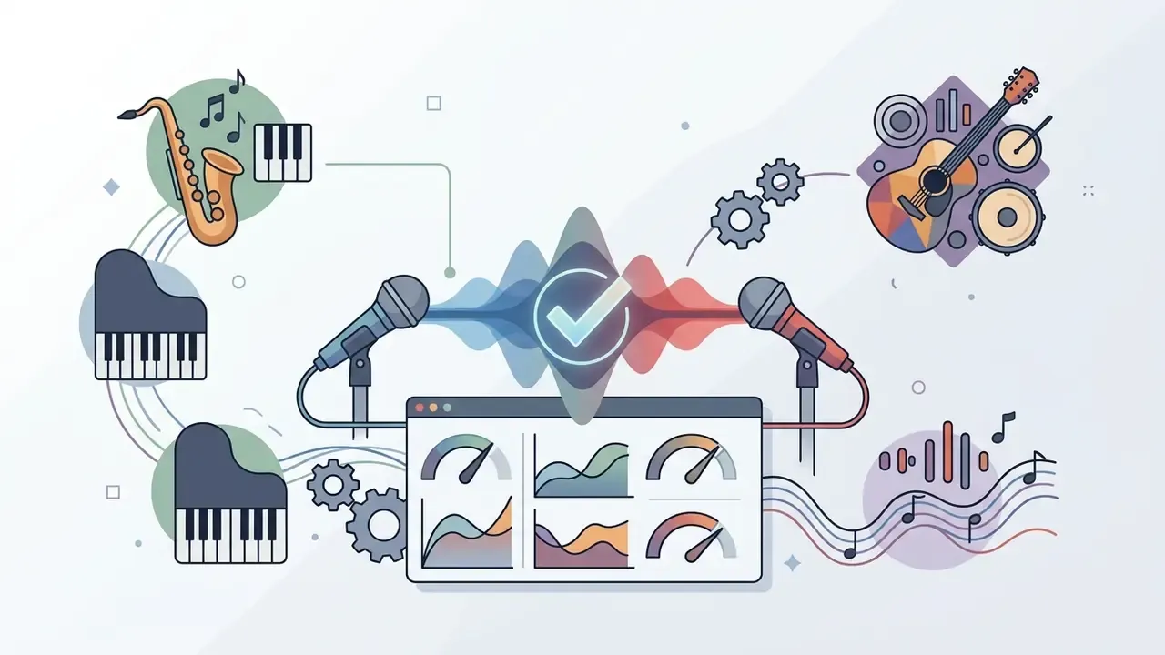 Microphones and musical instruments connected to a digital dashboard displaying audio wave analytics