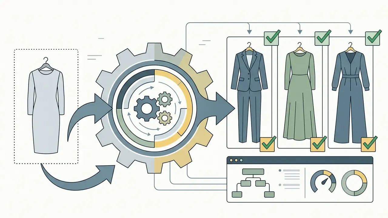 Central gear mechanism processing garment selections for a change clothes photo editor online