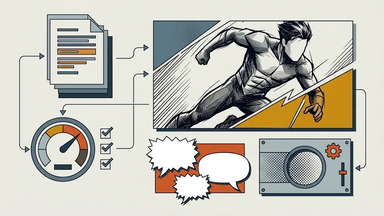 Documents and a gauge connected to a comic panel of a running hero with speech bubbles and control icons