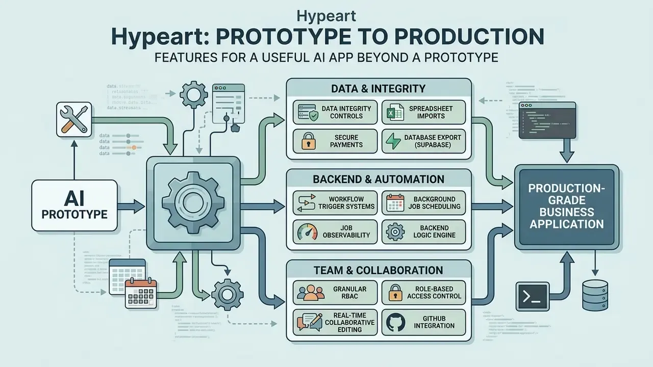 Infographic showing how an AI prototype evolves into a business application through backend and data systems