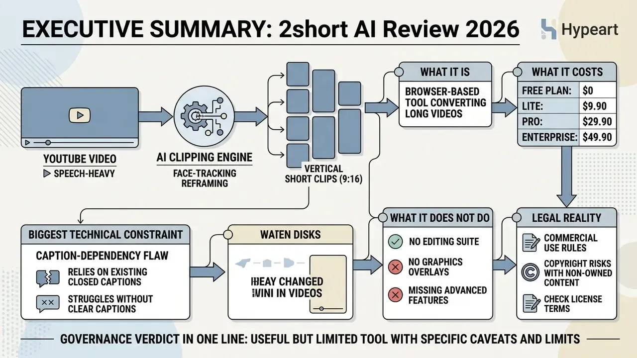 Flowchart showing how 2short AI processes long YouTube videos into vertical clips with costs and constraints