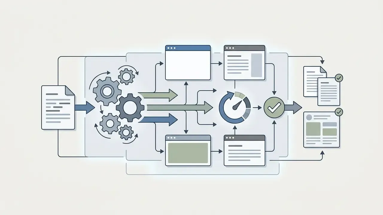 Document entering a gear system to be processed through software windows and gauges into final outputs
