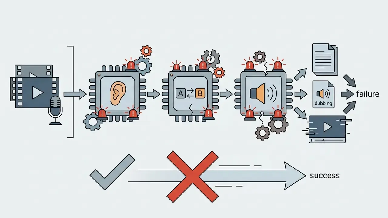 Diagram showing three sequential AI processing chips with warning lights indicating potential failure points