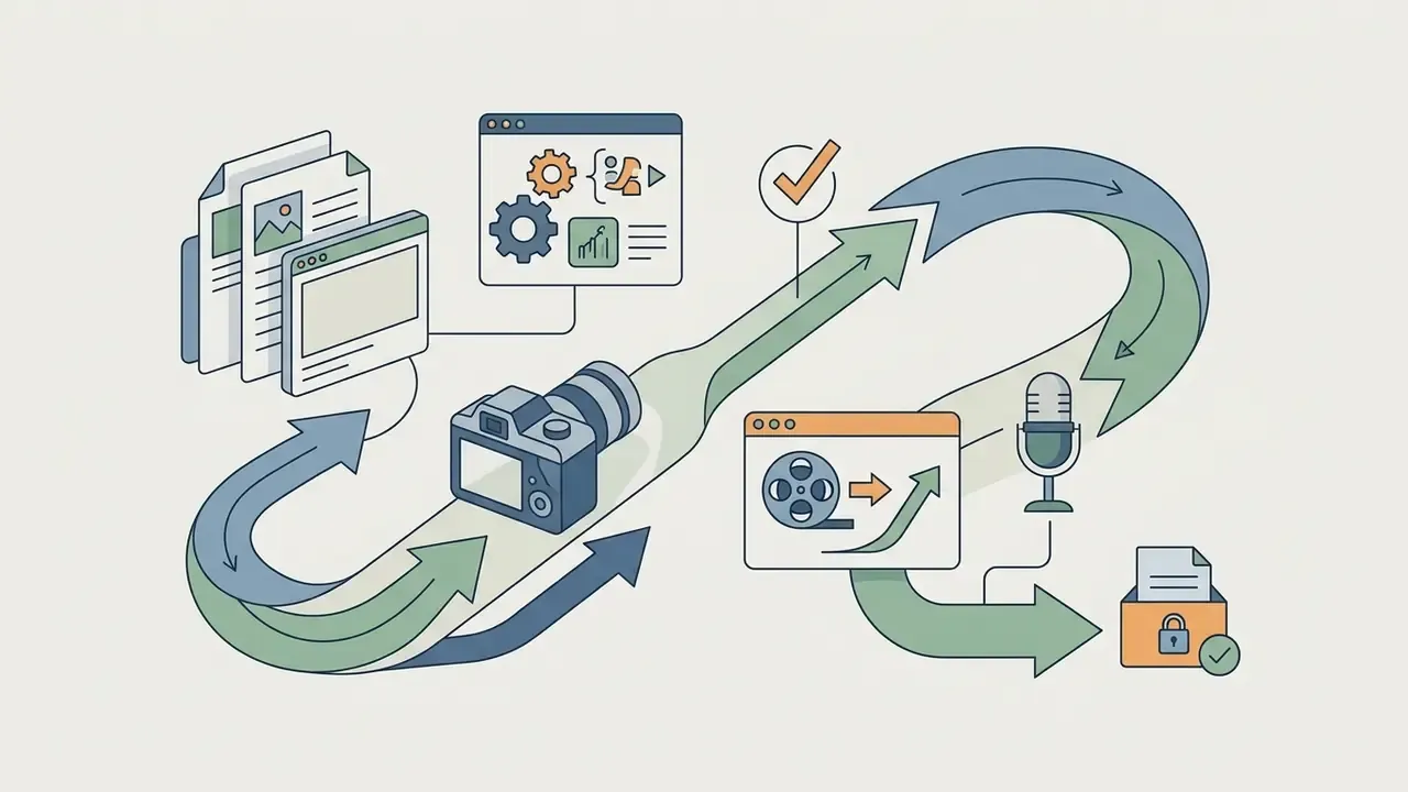 Camera icon positioned on a looping path connecting document inputs to video and audio output icons