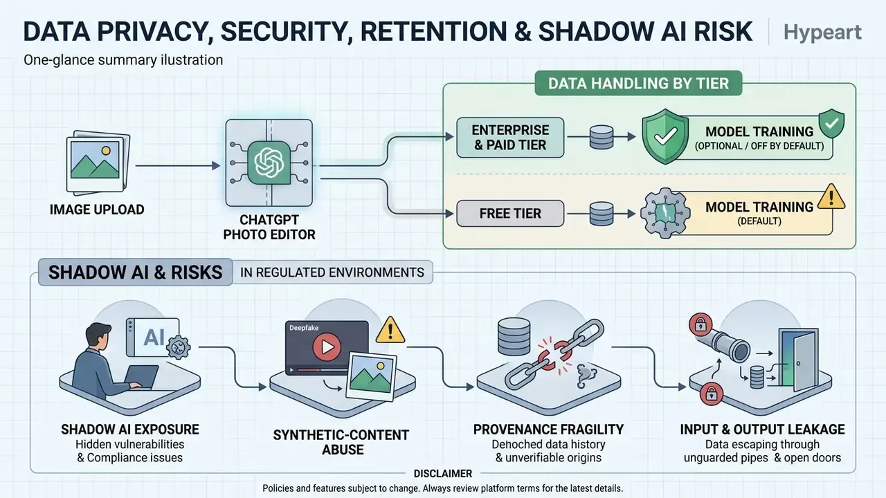 Diagram showing data handling tiers for image uploads and risks like synthetic content and data leakage