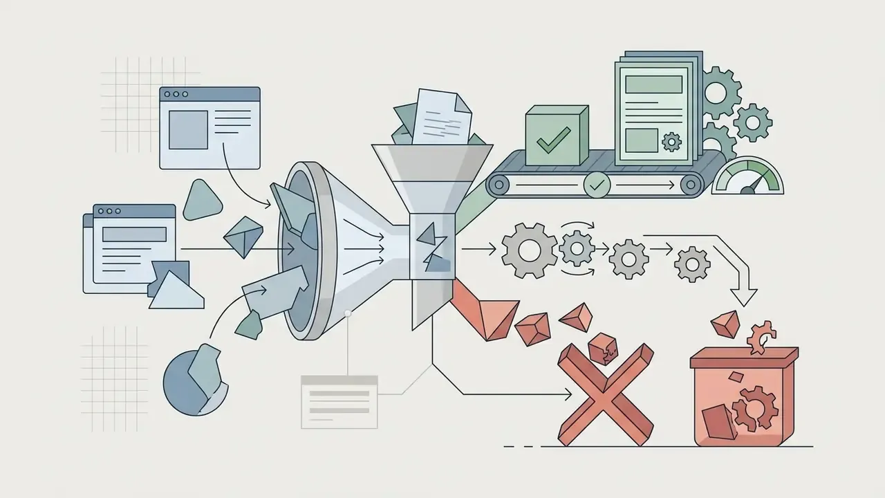Funnel filtering website components into successful outputs or rejected items in a waste bin
