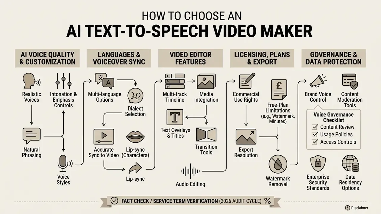 Infographic flowchart detailing criteria for selecting AI text-to-speech video software