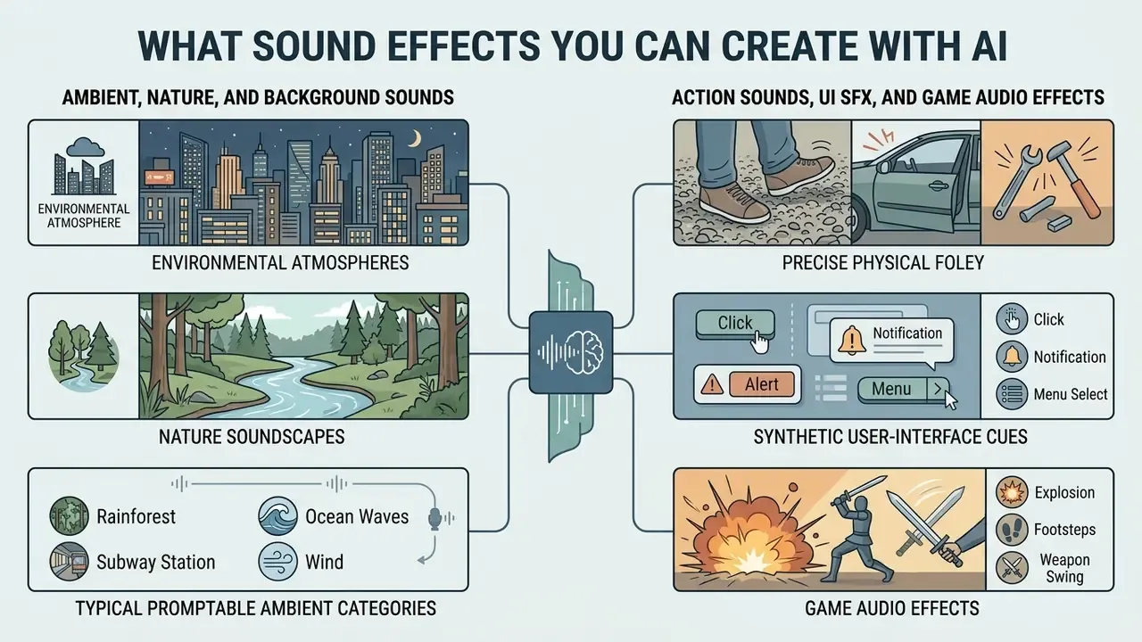 Infographic showing categories of ambient, nature, Foley, user interface, and game audio effects