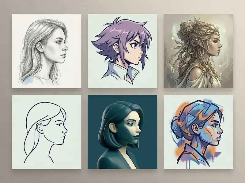 Grid of six square cards showing various female character art styles from sketches to digital painting