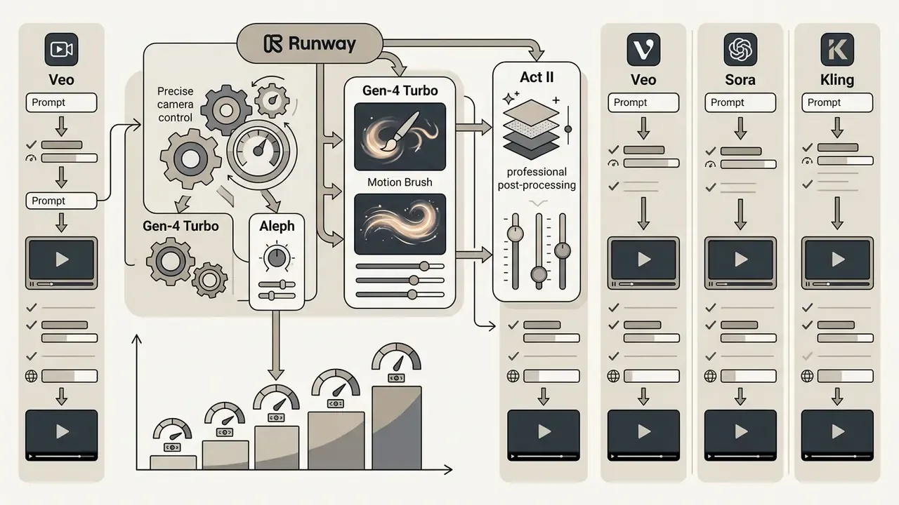 System of gears and sliders representing video model processing workflows with cost and performance metrics