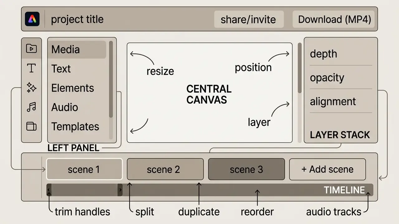 Layout diagram of the Adobe Express video editor showing the central canvas, side panels, and timeline