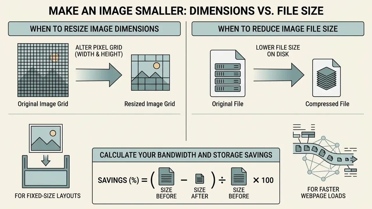 Comparison chart showing how to adjust pixel dimensions or file size to make an image smaller
