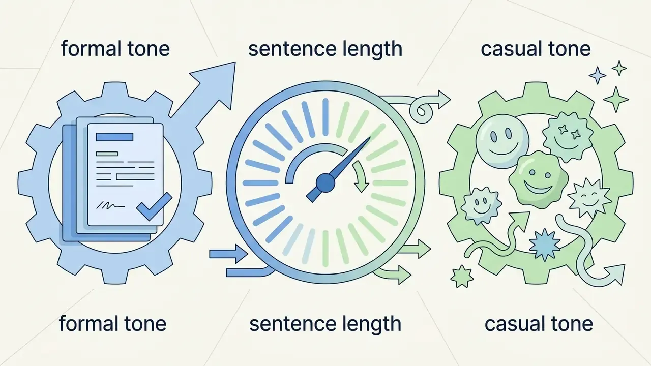 Gear icons representing formal tone, adjustable sentence length, and casual tone with emoji symbols