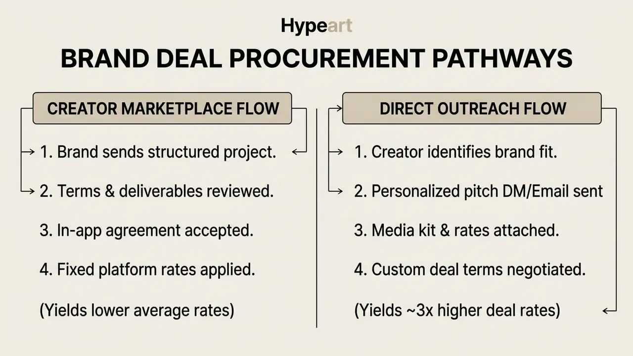Two-column list contrasting the steps for Creator Marketplace and direct outreach brand deal workflows