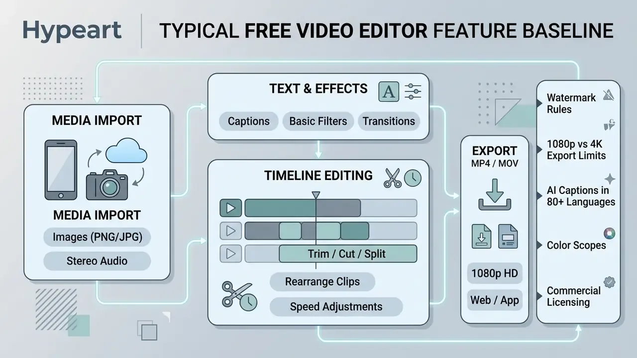 Flowchart showing the process from media import and timeline editing to text effects and final export