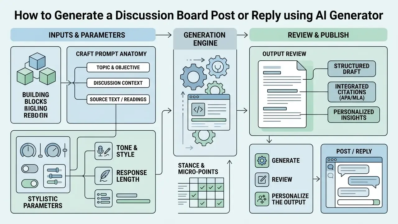 Diagram showing the stages of using an AI discussion board generator to craft and refine content