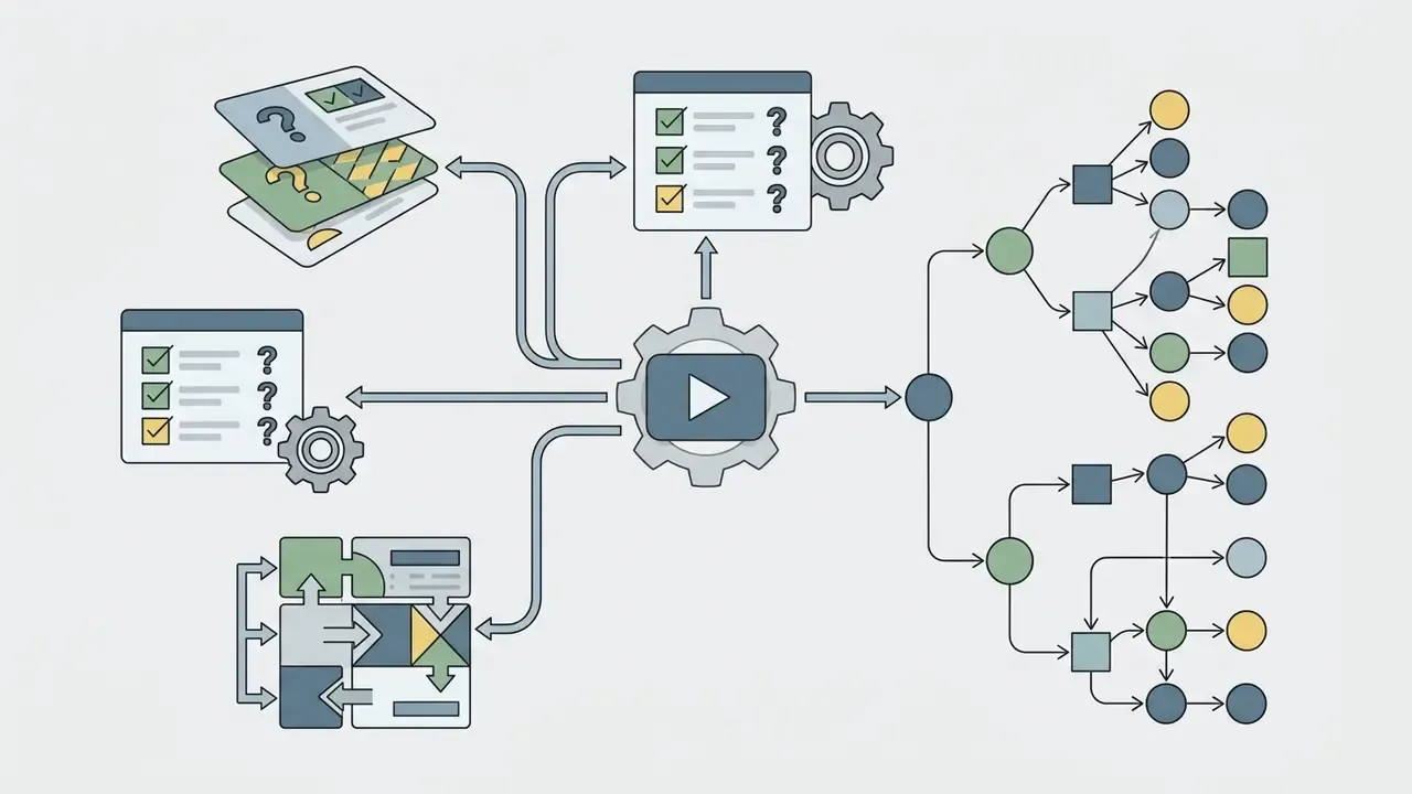 Central video processor branching into quiz modules and a hierarchical concept map node graph