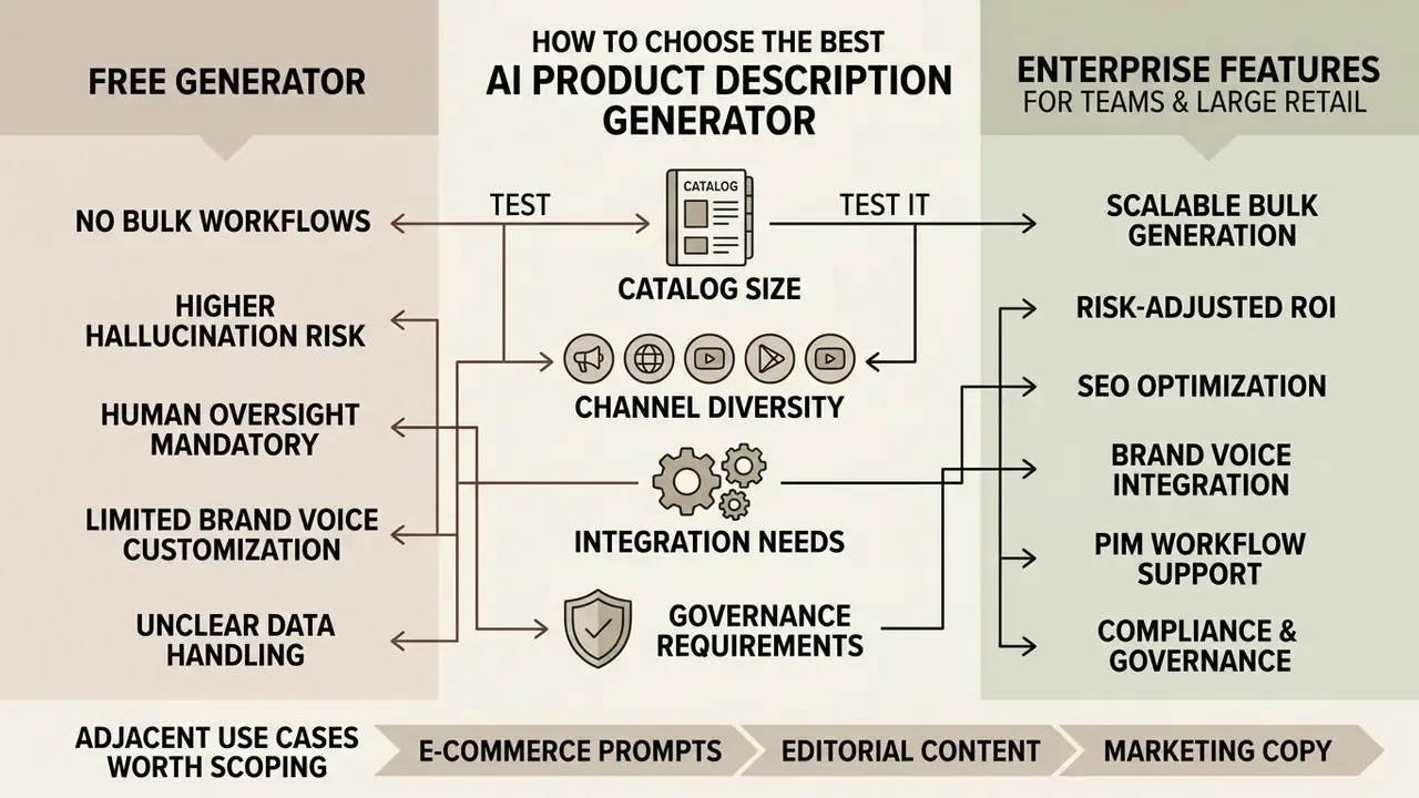 Comparison chart contrasting free versus enterprise software features for catalog content management