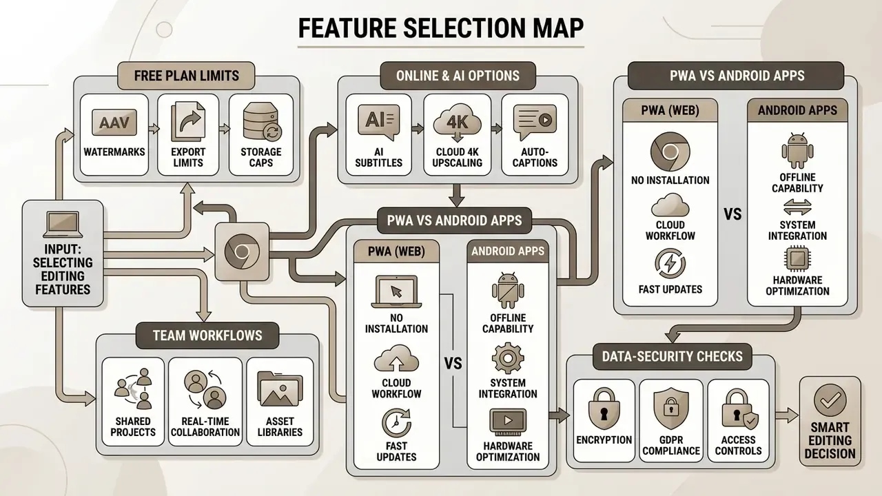 Diagram mapping video editor for Chromebook features including plan limits, AI tools, and app comparisons