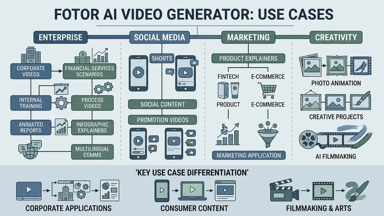 Categorized layout showing applications for enterprise, social media, marketing, and creative projects