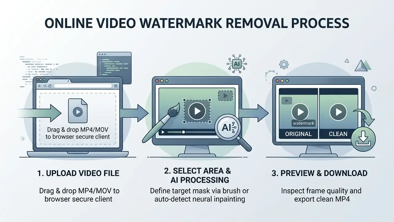 Three step sequence showing how to upload, process with AI, and download a video file
