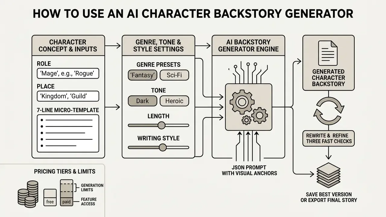 Step-by-step process flow from character inputs and style settings to outputting a final narrative