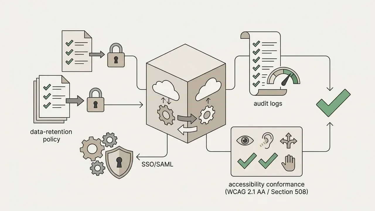 Central cube representing cloud processing connected to governance controls like data policies and audit logs
