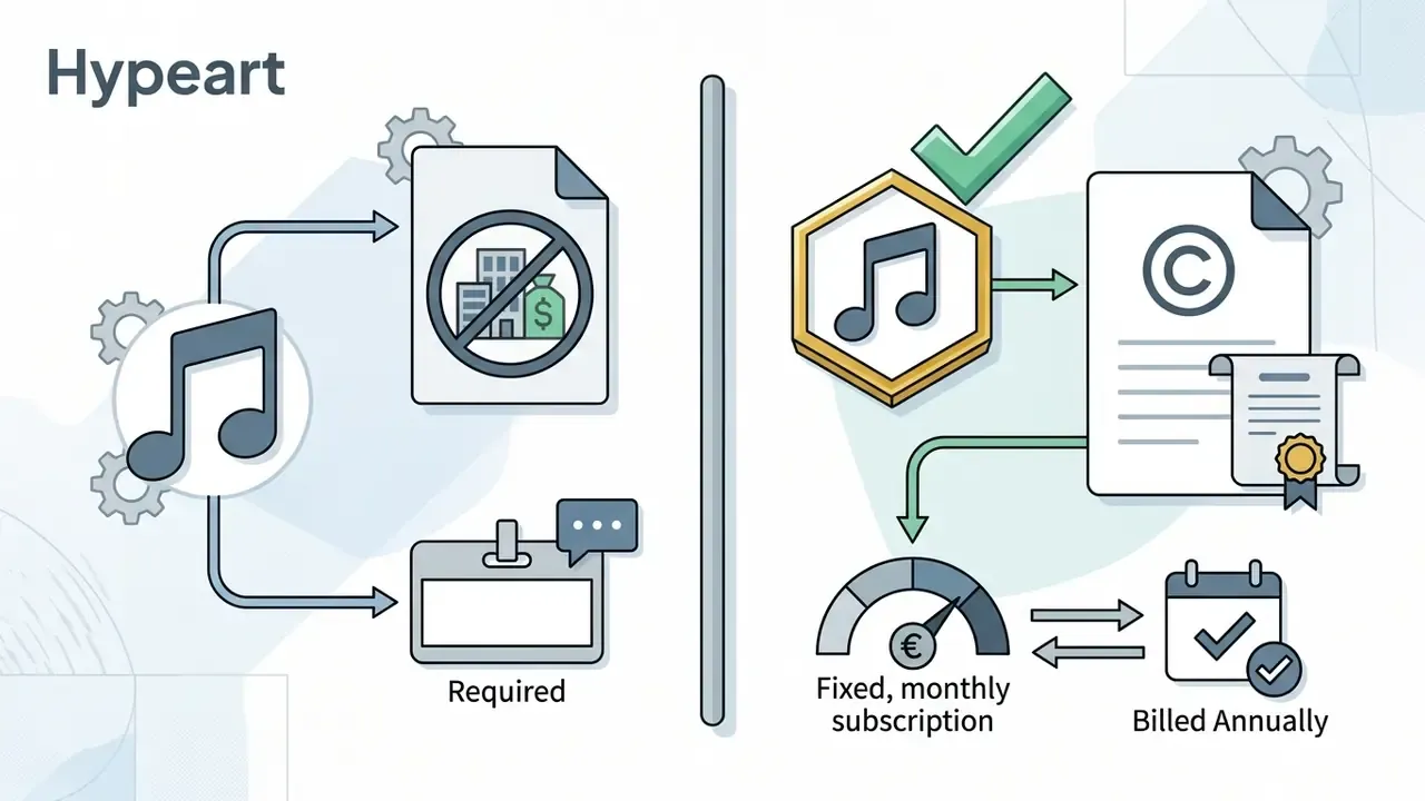 Musical notes branching into non-commercial restrictions versus paid copyright ownership workflows