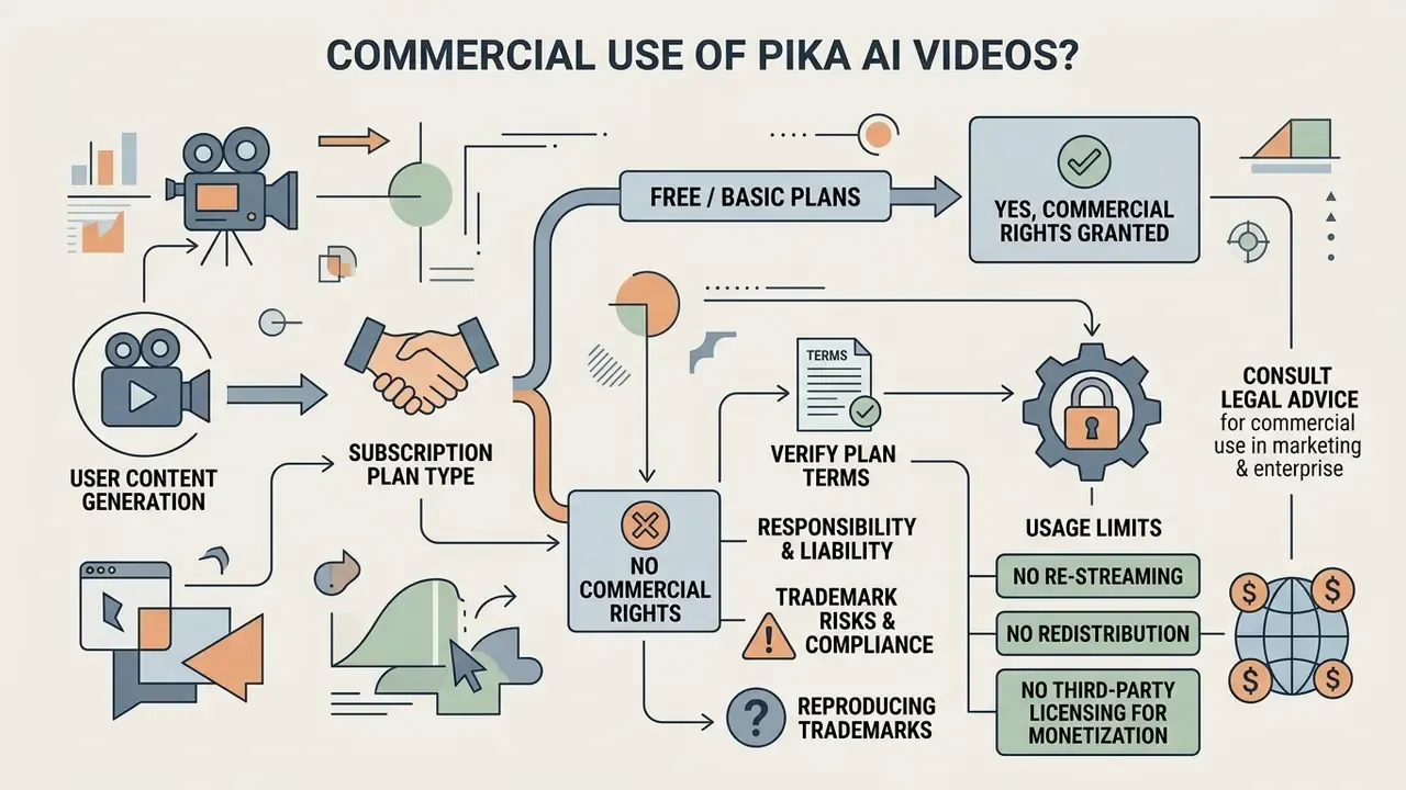 Decision tree diagram showing how Pika AI subscription plans determine commercial usage rights
